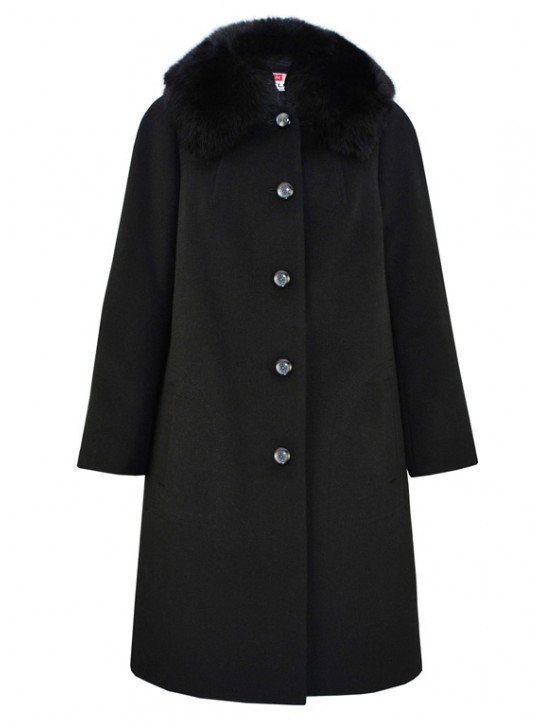 Т-950-60/Ч Черное зимнее женское пальто с воротником из песца
